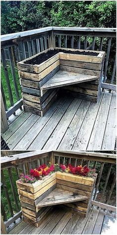 two pictures of wooden planters on a deck with flowers in them and the bottom photo is empty