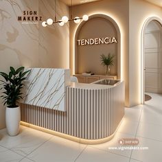 the front desk of a nail salon with white marble counter tops and lights above it