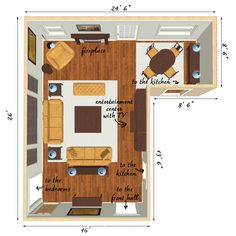 the floor plan for a small living room and dining area with furniture, including couches,