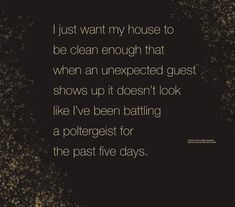 a quote that reads i just want my house to be clean enough that when an unexpected guest shows up it doesn't look like i've been battling a polter for the past five days