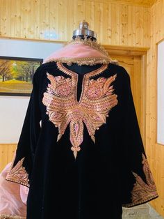 Kashmiri Dress Valvet Dress Kashmiri Suit Tilla Work Kashmiri Embroidered Work - Kashmiri Neck Embroidery, Kashmiri Tilla Suit Designs, Unstitched Embroidered Suit With Long Sleeves, Traditional Long Sleeve Embroidered Dress For Formal Occasions, Traditional Long Sleeve Embroidered Formal Dress, Formal Long Sleeve Embroidered Dress With Dabka Work, Formal Long Sleeve Dress With Dabka Embroidery