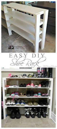 an easy diy shoe rack made out of wood and some shelves with shoes on them