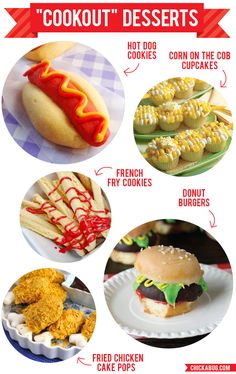 an image of food that includes hot dogs, hamburgers and corn on the cob