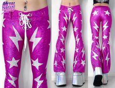 Custom made to order flared pants handmade from hologram spandex, with appliquéd stars and lightning bolts all over. Featuring a lace up front closure, belt loops and white stitch detail.  Pictured in hot pink/white Available to custom order in any colours by request. Handmade in Australia  Made for both men and women.  Pants are custom made to measure in your exact size. Measurements needed are waist, hips, front rise and inseam. Order wait time approx. 3-6 weeks  For more pixx/info contact me David Bowie 70s, Pink Bell Bottoms, Bowie 70s, 70s Costume, Smaller Hips, Lightning Bolts, Glam Rock, Lightning Bolt, David Bowie