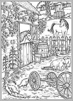 a coloring page with horses and wagons in front of an old farm house, surrounded by trees