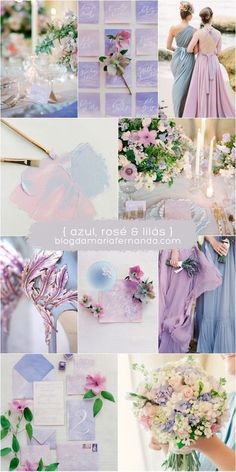 a collage of photos with flowers and other things in them, including the bride's dress