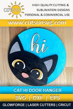 a wooden sign with a black cat on it's face and the words custom svg