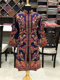 Jacket Long Jacket Embroidered Jacket for Woman Kashmiri image 0 Embroidery Jackets For Women, Kashmiri Embroidery, Trouser Dress, Floral Coat, Aari Embroidery, Body Measurement, Langer Mantel, Outer Wear, Srinagar