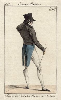 Top hat and tails 1806 Costume Parisien. Spencer de Castorine. Culotte de Casimir. Regency Menswear, 19s Fashion, 1800s Men, Menswear Illustration, Top Hat And Tails, Regency Men, 19th Century Men