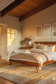 a large bed sitting on top of a wooden floor