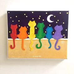 an acrylic painting of four cats sitting on a ledge with the moon in the background