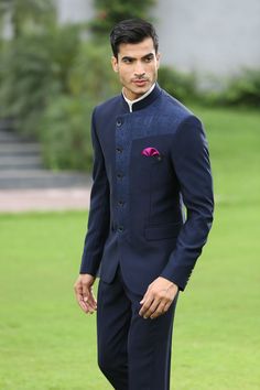 Anghrakha style Blue Bandhgala suit with Jacquard Cut & Sew Design. #engagement #cocktail #indiangroom #indianwear #ethnicwear #weddingwear #weddingattire #indianmen #jodhpuri #bandhgala Wedding Attire, Blue Pattern