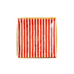 a red and white striped paper bag with gold trimmings on the bottom, in front of a white background