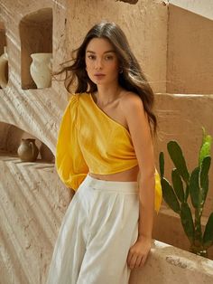 SHEIN One Shoulder Lantern Sleeve Knot Side Crop Top | SHEIN USA Chic Yellow One-shoulder Top, Yellow One Shoulder Top For Summer, Chic Yellow Off-shoulder Tops, One-shoulder Stretch Top For Beach, One Shoulder Stretch Top For Beach, Summer One-shoulder Top For Beach, Summer One-shoulder Beach Top, Trendy One Shoulder Tops For Brunch, Casual One-shoulder Beach Top