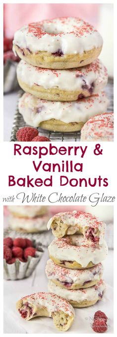 raspberry and vanilla baked donuts with white chocolate glaze are stacked on top of each other