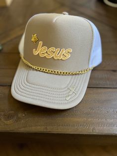 Jesus trucker Gold Trucker Hat For Streetwear, Gold Casual Trucker Hat, One Size Fits Most, Gold Casual Trucker Hat One Size, Casual Gold Trucker Hat One Size, Casual Gold Trucker Hat One Size Fits Most, Gold Casual Trucker Hat, Gold Adjustable Flat Brim Trucker Hat, Adjustable Gold Trucker Hat, Gold Adjustable Trucker Hat