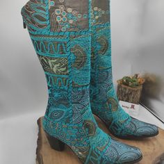 Handmade genuine leather custom made cowboy style women's boots. Every size available. #womenboots #customboots #tapestryboots #suzaniboots #habdmade #leatherboots #handmade #chic #luxury #fashion #dessigner #forher #friday #sale Bohemian Snip Toe Boots For Festival, Western Style Blue Festival Boots, Bohemian Blue Boots With Round Toe, Blue Bohemian Boots With Round Toe, Blue Western Style Festival Boots, Bohemian Snip Toe Festival Boots, Blue Bohemian Round Toe Boots, Blue Bohemian Festival Boots, Blue Western Festival Boots