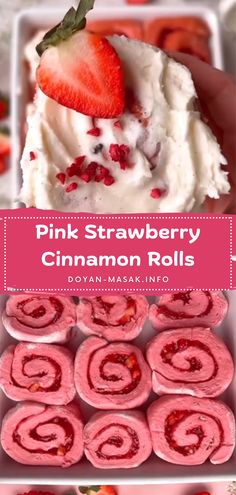 pink strawberry cinnamon rolls with whipped cream and strawberries on top