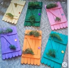 several popsicle boards with grass growing out of them on top of a cloth covered table