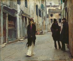 a painting of two people walking down the street in an alleyway, one woman is wearing a long white dress