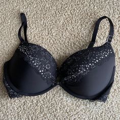 Beautiful Black And Silver Vs Padded Demi/Demi Buste Coussine Bra With Rhinestones - Excellent Condition - Never Worn. Elegant Party Bra By Victoria's Secret, Victoria's Secret Elegant Party Bra, Elegant Victoria's Secret Party Bra, Elegant Silver Underwire Bra, Silver Elegant Fitted Bra, Elegant Fitted Silver Bra, Elegant Push-up Bra By Victoria's Secret, Elegant Victoria's Secret Push-up Bra, Black And Silver