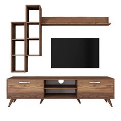 an entertainment center with shelving unit and flat screen tv