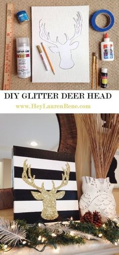 the diy glitter deer head is sitting on top of a mantle