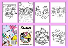 hello kitty coloring pages for kids and adults with pictures on the front, side, and back