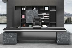 an office desk with black and white marbled furniture in front of a large window