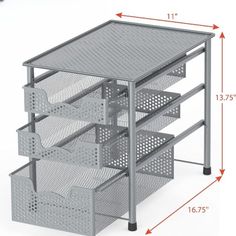 the three drawers are labeled with measurements for each drawer, and one has four baskets on it