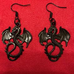 Dragon Earrings Dragon Charm Earrings Black Same Day Or Next Day Shipping Nickel-free Black Plug Earrings As Gift, Black Punk Dangle Hoop Earrings, Black Metal Punk Hoop Earrings, Black Dangle Hoop Earrings Punk Style, Black Dangle Hoop Earrings In Punk Style, Edgy Black Metal Hoop Earrings, Edgy Black Hoop Earring (single), Edgy Black Single Hoop Earring, Black Gothic Hoop Earrings Nickel Free