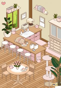 a drawing of a living room with pink furniture and decor on the walls, coffee table, dresser, potted plant, bookshelf and other items