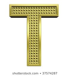 the letter t is made up of small squares and dots in gold color on a white background