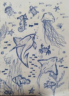 an ink drawing of sea animals and jellyfish on white paper with blue marker markers