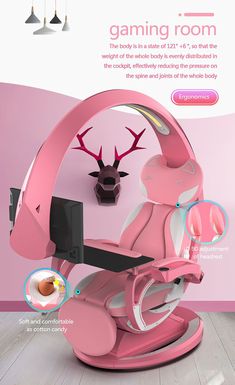 the pink chair is next to a deer head