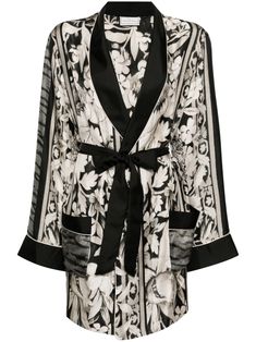 black/multicolour silk satin finish all-over floral print piped-trim detailing shawl lapels long sleeves with contrasting cuffs belt loops detachable and adjustable waist belt two front patch pockets thigh-length open front self-tie fastening Silk Robe, Waist Belt, Silk Satin, Satin Finish, Silk Printing, Shawl, Floral Print, Floral Prints, Satin