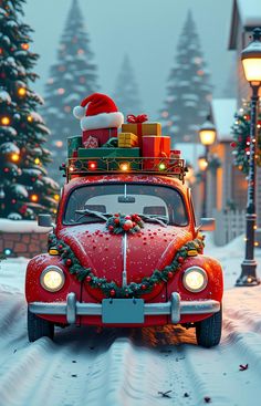 an old red car with presents on top driving down the street in front of christmas trees