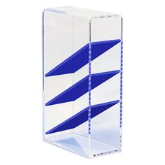 a clear and blue object with three shelves