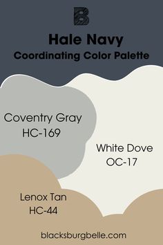 the back side of a business card for hale navy coordinating color palettes, including white dove and lenox tan