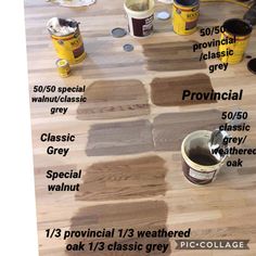 several different types of paint being used on a wooden floor with the words provincial gray painted over them