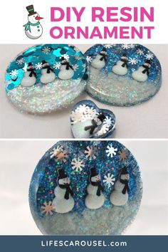 snowman and penguin paper plate craft with text overlay that says diy resinin ornament