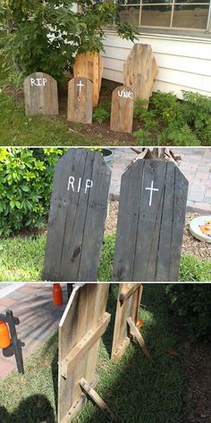 some wooden chairs that are sitting in the grass