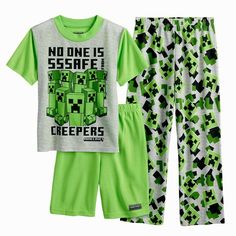 3 PC Minecraft Pajama Set ***Quick Shipping! US Seller. Guaranteed Officially Licensed Merchandise!*** "NO ONE IS SSSAFE" .... "CREEPERS!" Hard to find- Minecraft pajamas with shorts! Your little one will be extra cozy and able to transition into different seasons with this pj set. Fun print! Perfect for gaming, lounging or sleeping!  Set is available in Boy's Sizes 6-10. Girl's love Minecraft too, this set would be cute for boys or girls. Brand New with tags in catalog bag. Smoke Free/Pet Free Boy Pjs Pants, Matching Shirts For Boy Best Friends, Minecraft Creepers, Minecraft Shirts, Silly Clothes, Child Clothes, Matching Pajamas, Shorts Pants, Boys Top