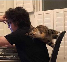 a man sitting at a computer desk with a cat on his shoulder and one arm behind him