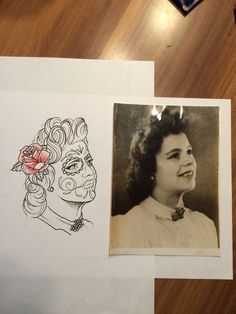 an old photo with a woman's face drawn on it next to another drawing