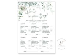 the printable wedding game is shown with flowers and greenery in green, white and gray