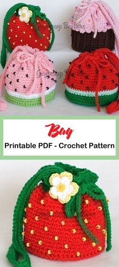 crocheted strawberries and strawberry purses are shown in three different sizes, with the words printable df - crochet pattern below