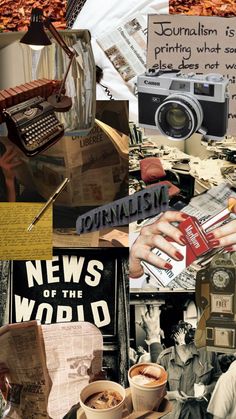 a collage of photos with coffee, newspaper and other things on it that include an old typewriter