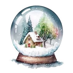 a snow globe with a house in the middle and trees inside it, on a white background