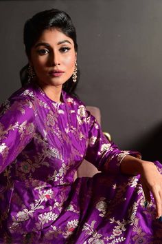 Purple straight kurta with all over handwoven floral vine pattern. Paired with a pant. - Aza Fashions Anarkali Sets With Woven Motifs For Festive Occasions, Elegant Festive Sets With Woven Motifs, Elegant Banarasi Silk Traditional Wear With Floral Embroidery, Festive Fitted Sets With Woven Motifs, Festive Straight Kurta Set With Woven Motifs, Festive Anarkali Kurta With Woven Motifs, Festive Traditional Wear Straight Kurta With Woven Motifs, Vine Pattern, Pant For Women